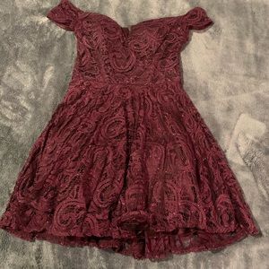 Red sparkly off the shoulder dress